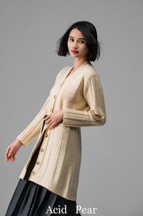 针织毛衣开衫 Aran早春米白色兔毛羊毛混纺长款 女 Poire Acid