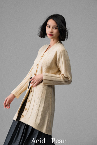 Acid Poire Aran早春米白色兔毛羊毛混纺长款针织毛衣开衫女