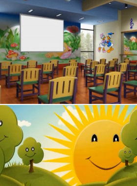 幼儿舞蹈好好学习舞台表演背景led视频素材 清新绿草地 卡通教室