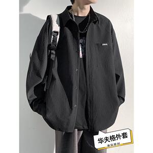 华夫格长袖衬衫男士夏季港风痞帅工装衬衣春秋款休闲宽松外套男寸