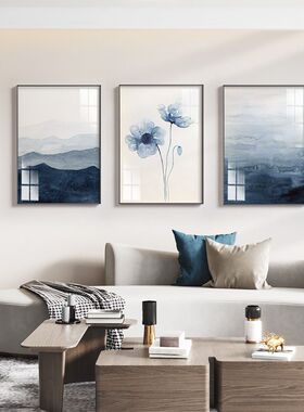 北欧餐厅蓝色小清新墙面装饰画客厅抽象壁画水墨文艺卧室床头挂画
