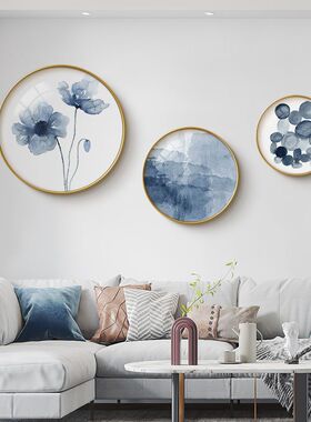 北欧客厅背景墙装饰画抽象蓝色挂画简约餐厅圆形墙壁画卧室床头画