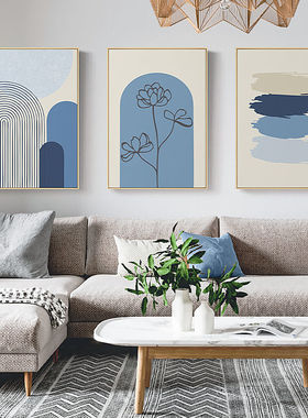 北欧原木风装饰画蓝色抽象客厅餐厅沙发背景墙挂画样板间壁画