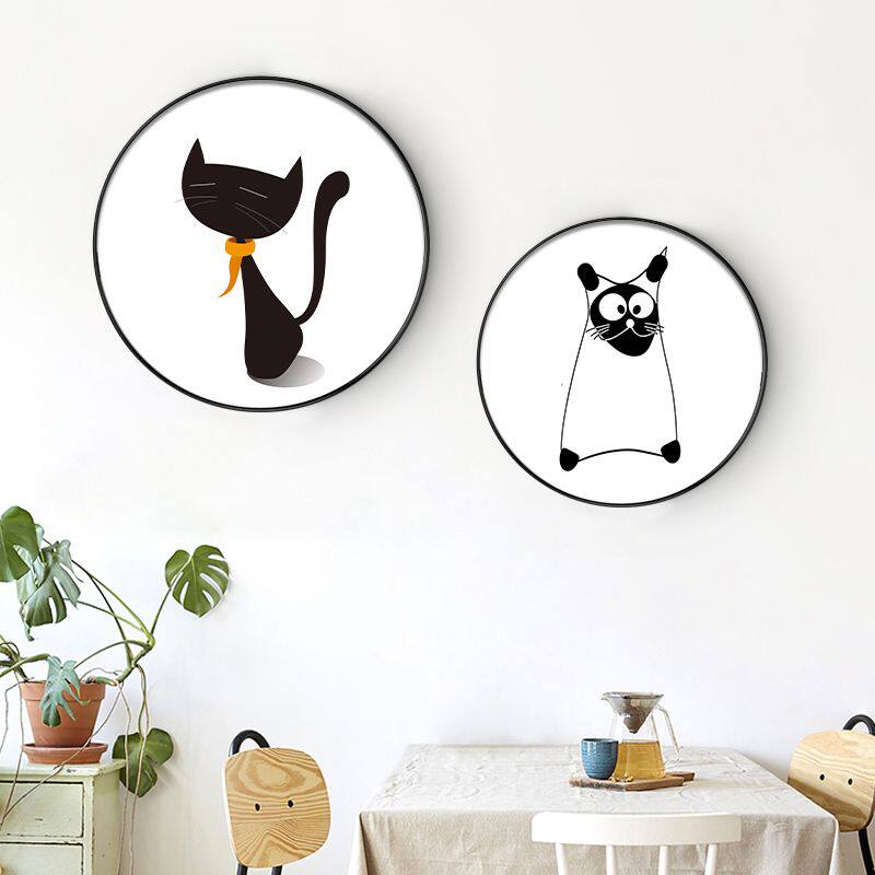 北欧餐厅装饰画现代简约餐桌饭厅背景墙壁画抽象猫迷玄关圆形挂画