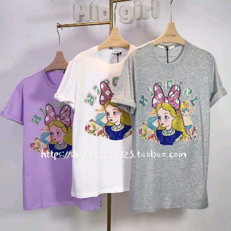 HIPGIRL白雪公主新品奢华烫钻卡通宽松圆领短袖t恤甜美风网红同款