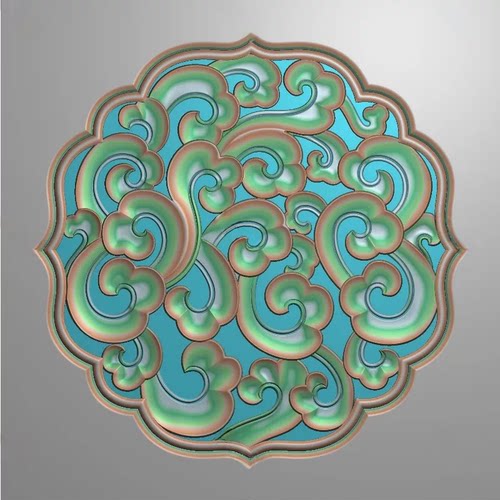 精雕图新中式洋花杨花祥云木门圆盘花门花贴花浮雕图灰度图yh486