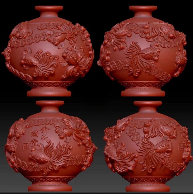 花瓶3D图纸金玉满堂金鱼瓶圆雕图三维立体模型stl文件