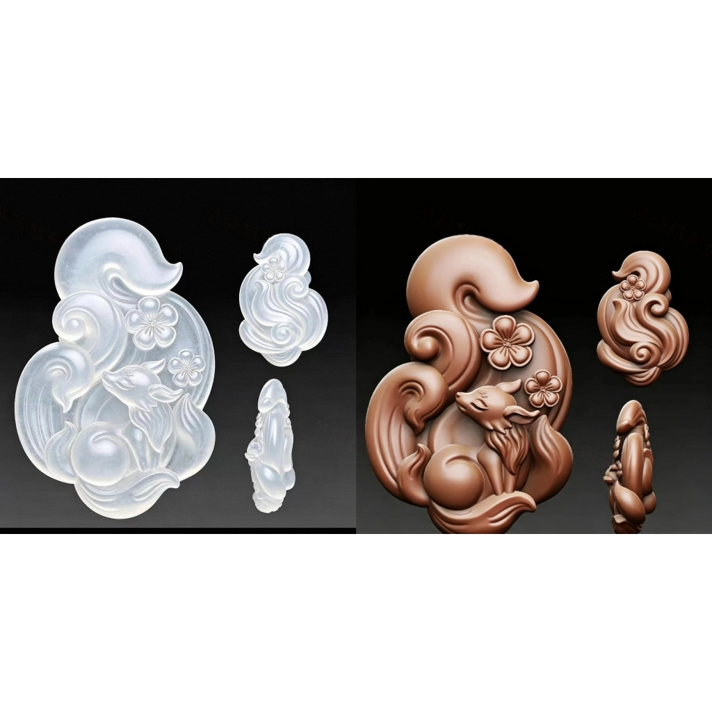 狐狸九尾狐圆雕图3270 立体图STL文件三维3D模型立体双面梅花狐狸