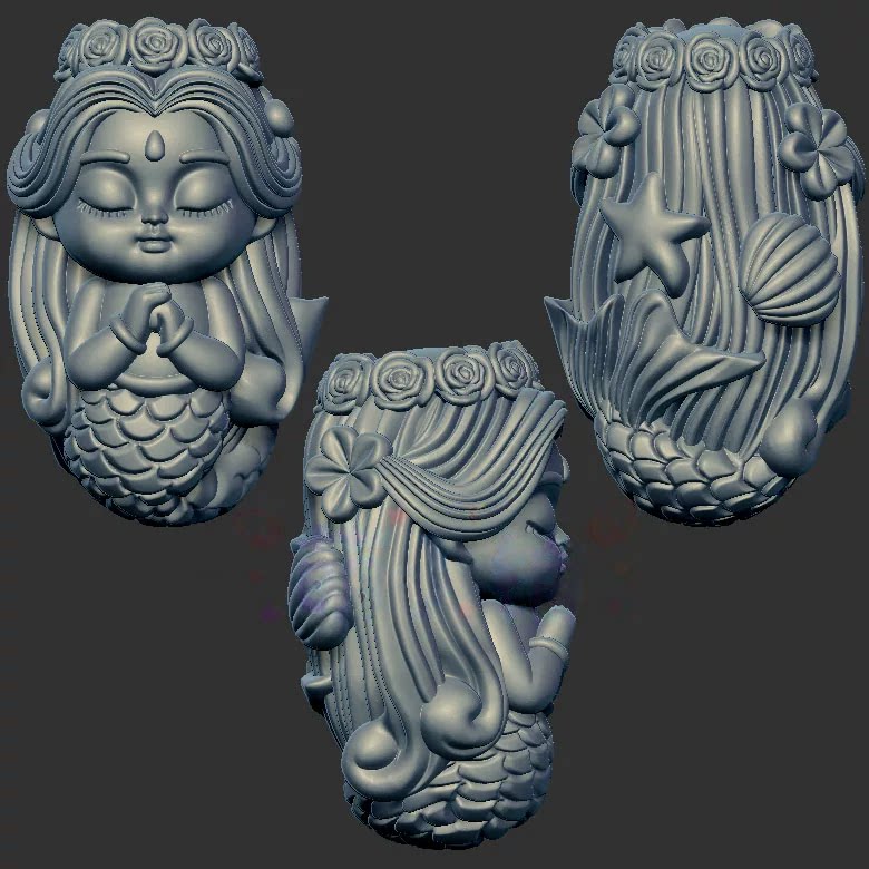 贝壳美人鱼女孩三维立体图圆雕图stl文件雕刻机3d模型1576