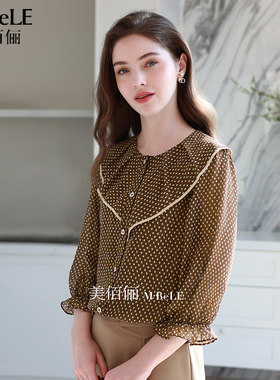 美佰俪2026春季新品2026复古波点蕾丝荷叶边七分诗人袖雪纺衬衫