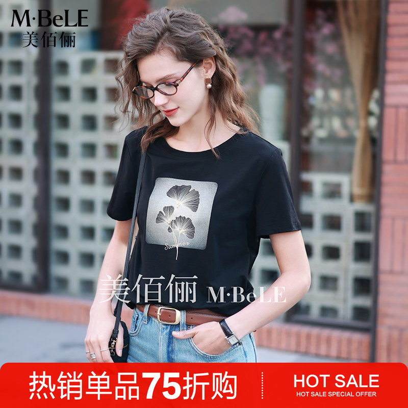 美佰俪2025夏季新款冰感莫代尔棉别致印花宽松短袖T恤衫正肩上衣