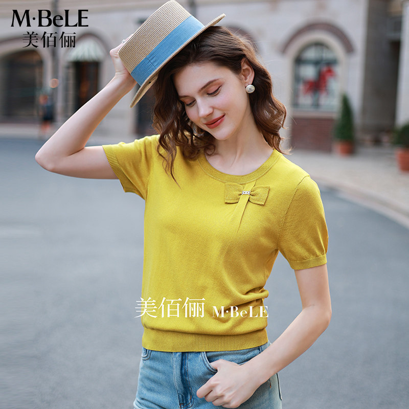 美佰俪2026新款蝴蝶结圆领提花上衣女夏季薄款天丝短袖针织T恤衫