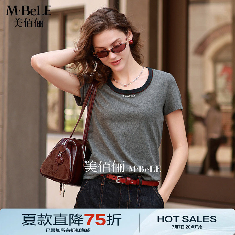 美佰俪撞色圆领短袖T恤女2026夏季新款简约休闲宽松短款上衣灰色