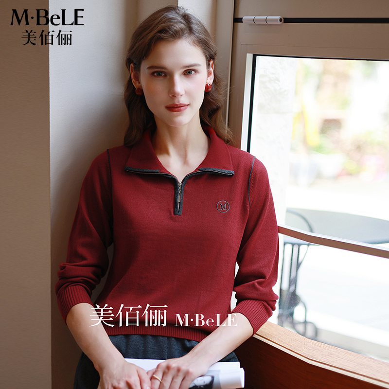 美佰俪半拉链妈妈羊毛衫红色针织衫2025秋冬新款撞色套头毛衣女