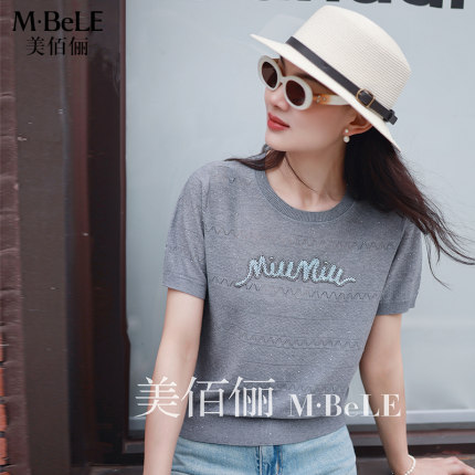 美佰俪2025夏季新款圆领镂空莱赛尔天丝短袖针织T恤衫女薄款上衣