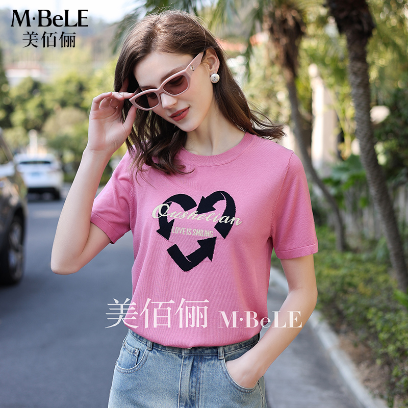 美佰俪天丝针织衫女2025夏季新款桑蚕丝百搭减龄粉色短袖T恤上衣