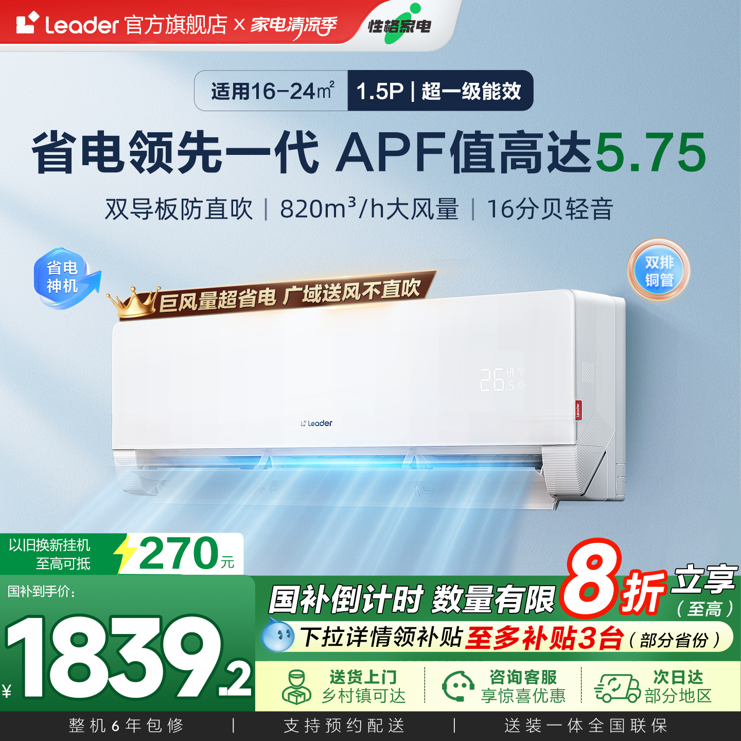 【政府补贴】统帅(Leader)空调家用1.5匹一级挂机超省电Max35ETA