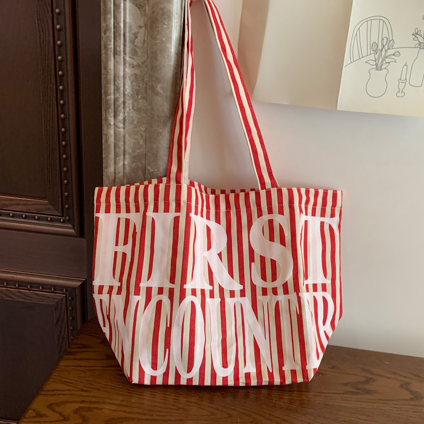 条纹字母帆布包托特包女大容量手提包时尚百搭单肩包通勤包购物袋