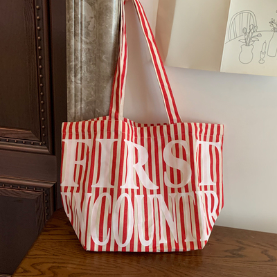 条纹字母帆布托特大容量女包