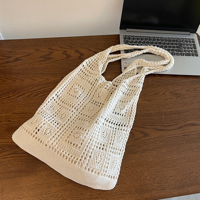 针织包包手拎包2025春夏新款复古网眼镂空简约编织包单肩手提女包