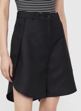 莱赛尔亚麻混纺Lyocell 夏季新款黑色休闲下摆高腰侧开叉下摆短裤