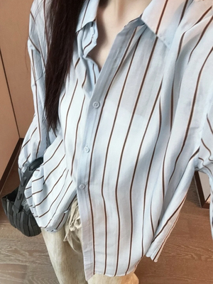 Bc25早春新款极简风宽松条纹丝棉长袖衬衫女休闲百搭上衣