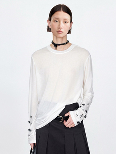 Miu风25新手工制作轻盈通透裸感天丝羊毛爆款 T恤上衣 钉珠空气长袖