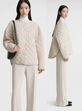 tt*me鹅卵石色春秋薄款菱格棉服 宽松圆领绗缝廓形夹克外套