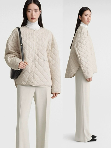 tt*me鹅卵石色春秋薄款菱格棉服 宽松圆领绗缝廓形夹克外套