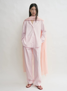 tt**me25春夏新款极简风宽松条纹长袖前短后长休闲粉色衬衫女