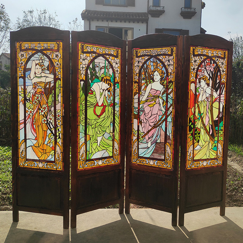 成品现货实木框蒂凡尼镶嵌彩色艺术玻璃欧式复古人物四扇屏风摆件,基础建材,艺术玻璃,淘宝优惠券,粉丝福利购,淘宝优惠卷