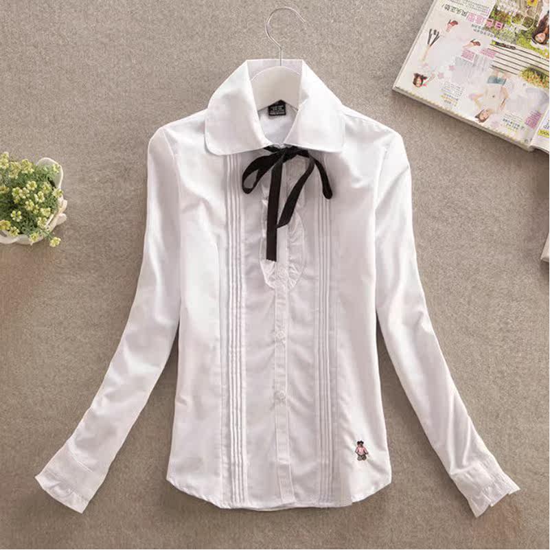 春季新款娃娃领纯棉白色衬衫女长袖学生修身甜美内搭打底衬衣全棉