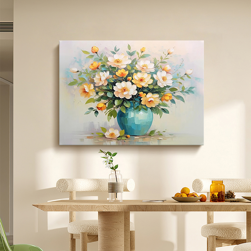 奶油风花卉高级感纯手绘油画餐厅卧室床头挂画肌理厚油装饰画图片