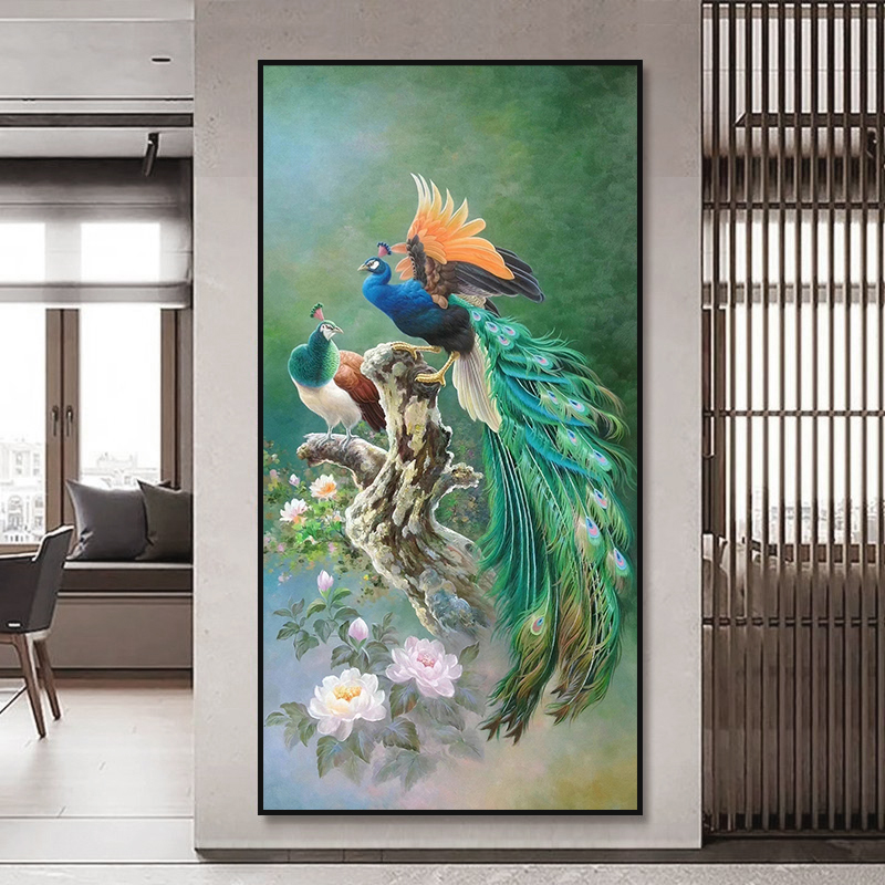 双孔雀图手绘油画新中式入户玄关装饰画客厅餐厅吉祥如意高端挂画图片
