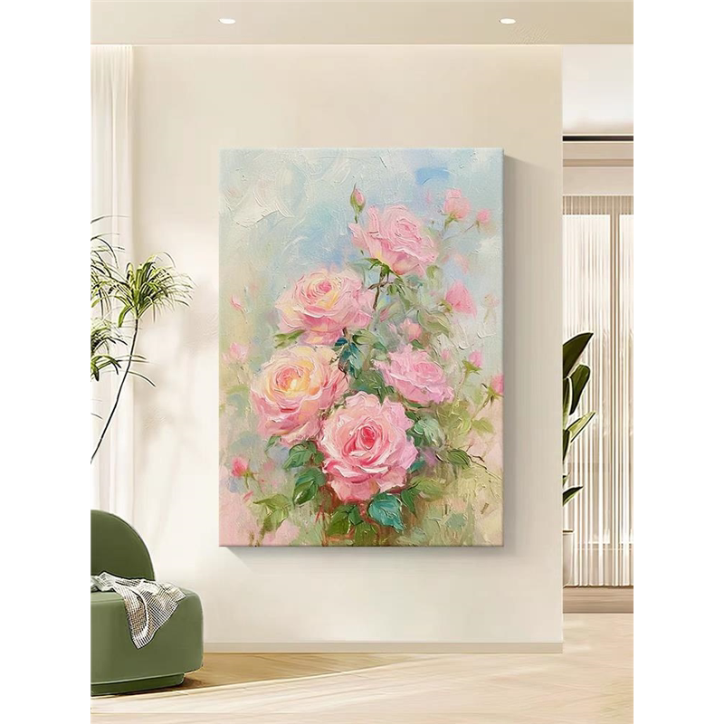 奶油风粉色玫瑰花纯手绘油画客厅装饰画花卉花开富贵餐厅玄关挂画