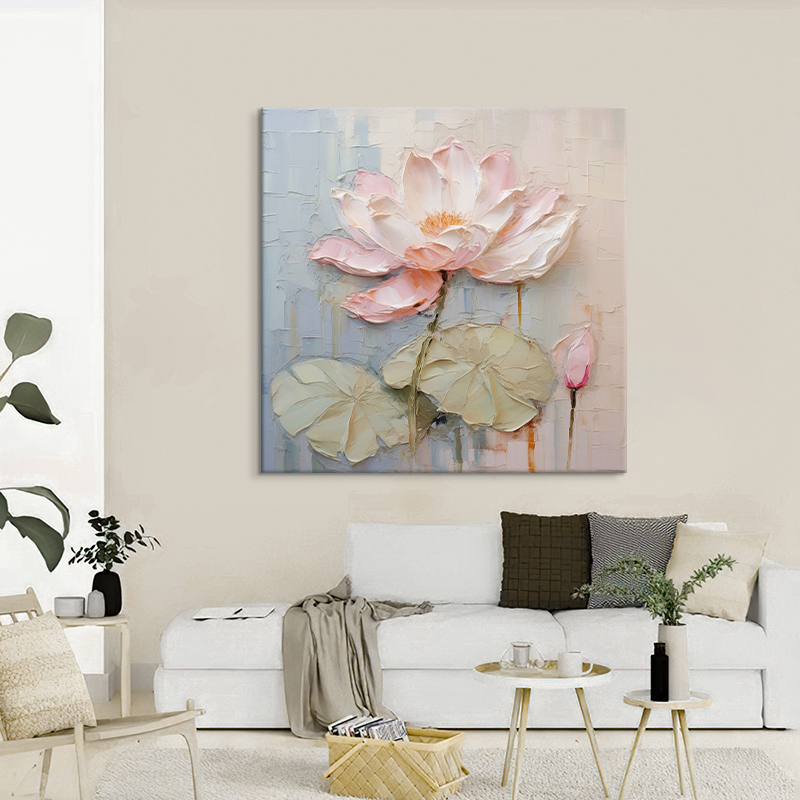 抽象荷花肌理纯手绘油画客厅餐厅莲花装饰画奶油风玄关挂画正方形图片