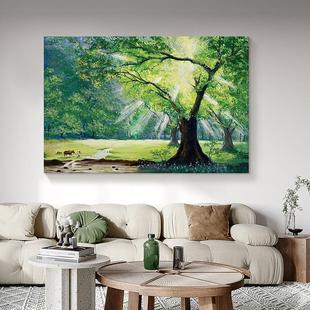 丁达尔效应手绘油画客厅绿色森林风景装饰画玄关抽象大幅树木挂画