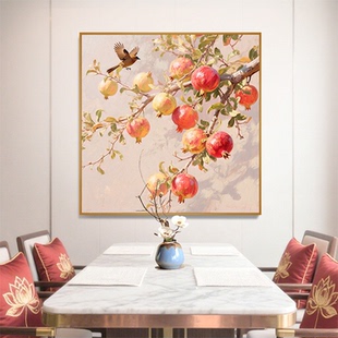 石榴餐厅装饰画手绘油画寓意好新中式挂画多子多福肌理感简约壁画
