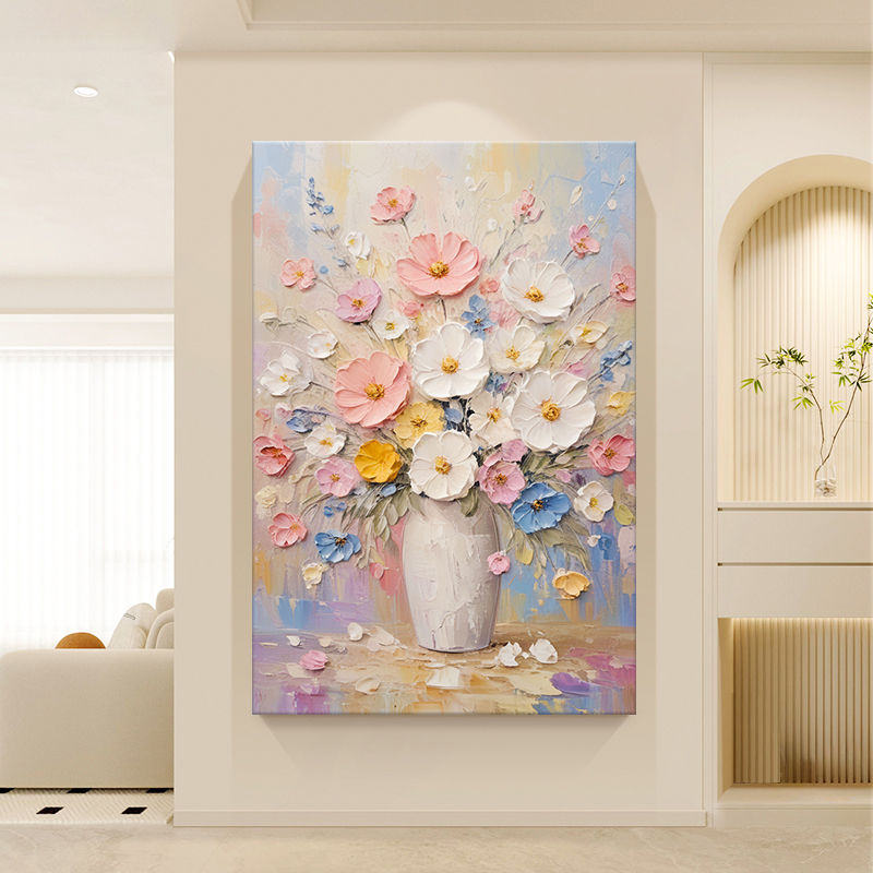 奶油风纯手绘油画抽象花卉客厅装饰厚肌理餐厅壁画玄关过道挂画图片