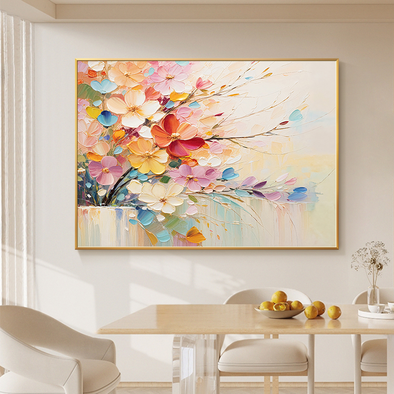 抽象彩色花卉手绘油画奶油风客厅装饰画繁花小众艺术卧室床头挂画图片