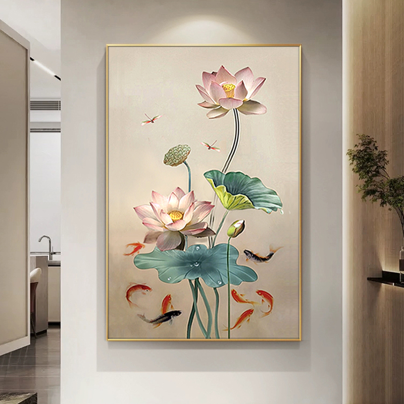 荷花九鱼图纯手绘油画立体高级感餐厅玄关装饰画挂现代简约新中式图片