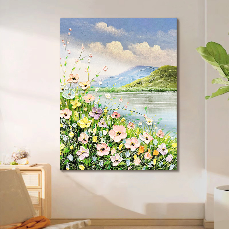 蓝天白云山水风景手绘油画立体花卉装饰画客厅挂画无框玄关肌理画图片