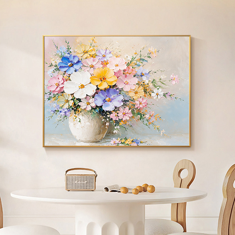 抽象彩色花卉手绘油画奶油风客厅油画