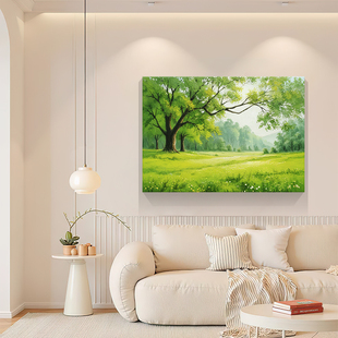 纯手绘油画奶油风客厅沙发背景墙风景树木装饰画绿色大树餐厅挂画