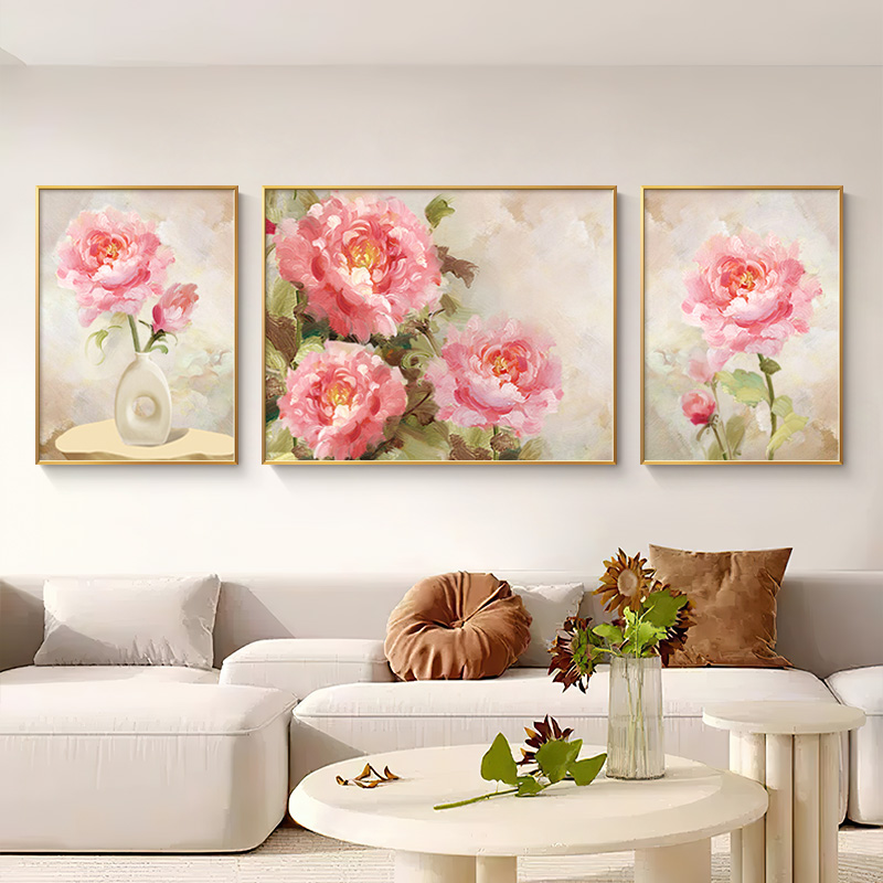 手绘油画客厅装饰画现代简约沙发背景挂画高级感抽象肌理富贵牡丹图片