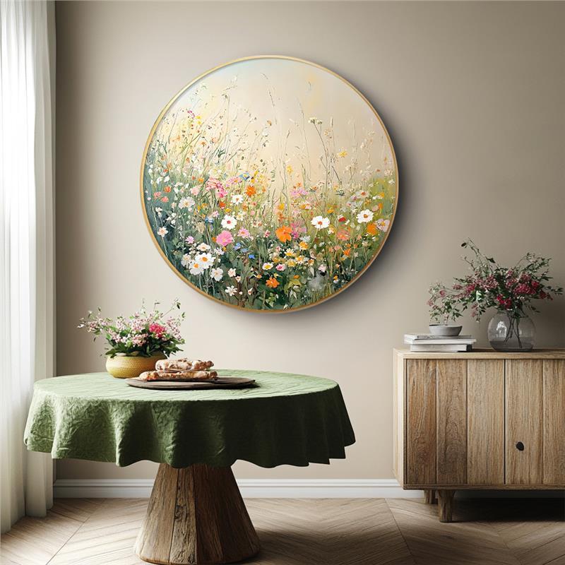 繁花盛景圆形手绘油画艺术餐厅墙面装饰画系肌理玄关走廊挂画图片