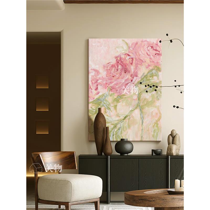 奶油风抽象玫瑰花卉手绘油画客厅餐厅装饰画粉色卧室床头玄关挂画图片