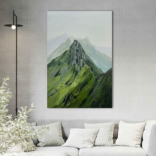 大气森系山水风景手绘油画《晓山青》现代客厅装饰画过道挂画