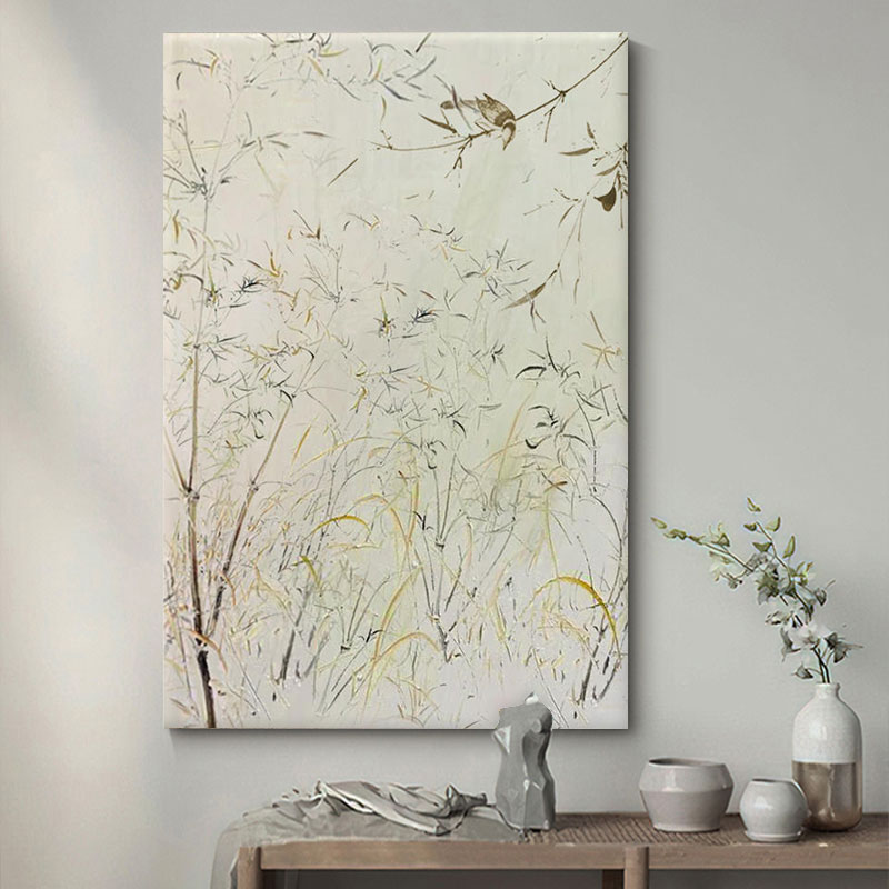 客厅新中式挂画大芬村中古手绘丙烯玄关肌理装饰壁画抽象竹子油画图片