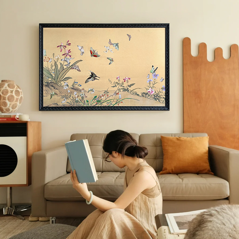 非遗真丝刺绣画《百蝶图》法式中式中古风客餐厅玄关装饰画高级感图片
